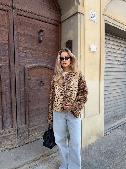 ELLIE | LEOPARD COLLARLESS BOMBER