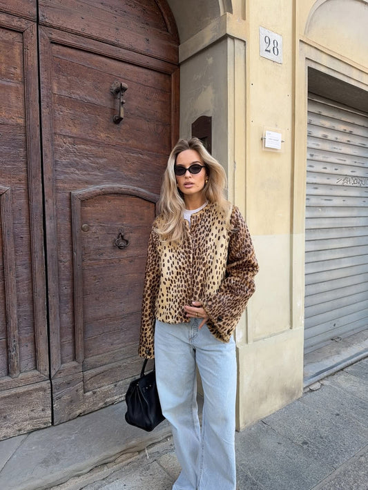 ELLIE | LEOPARD COLLARLESS BOMBER